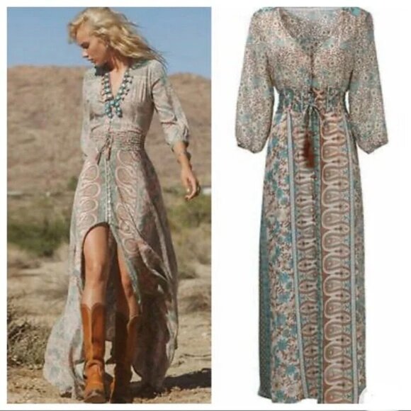 Bohemian Floral Chiffon Long Maxi Dress Sheer Coastal Flowy Beachy XS - Picture 2 of 12